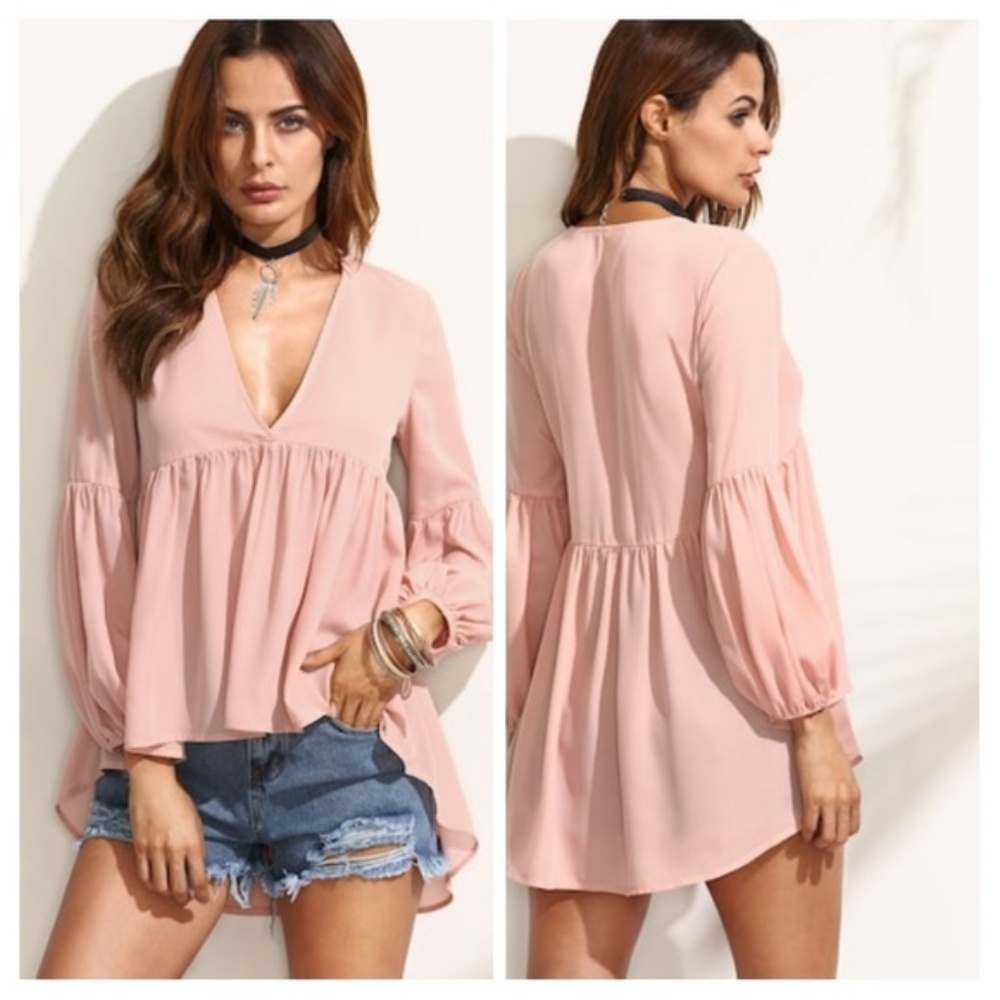 Blush pink Deep V neck lantern sleeve top Medium M Large L